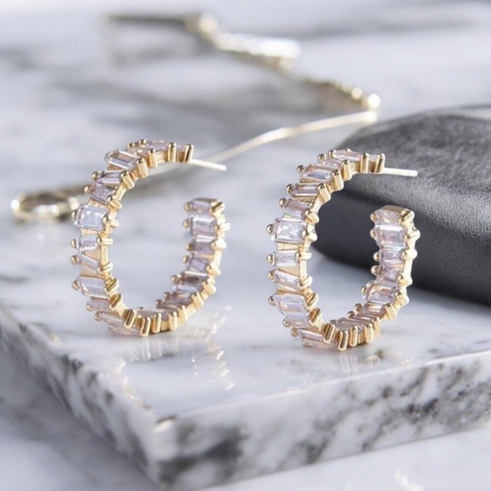 NEW 18K yellow gold plated CZ baguette hoop earrings jewelry B28A